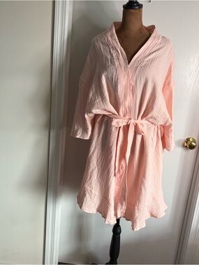 Serra Gauzy Light Pink 100% Cotton Robe with Waist Tie and Ruffle Hem